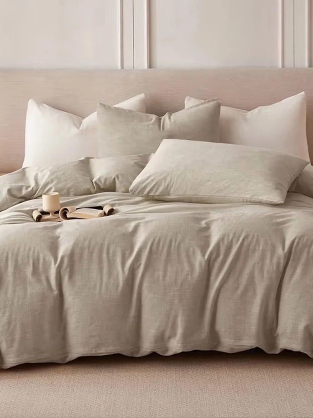 Stonewashed Neutral Cotton Linen Duvet Cover Set - Beige Queen 3pc New